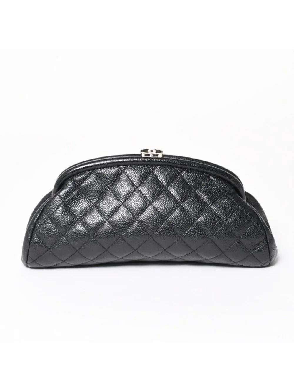 Chanel Timeless Classic Clutch CC Logo Caviar Leather Quilted Silver